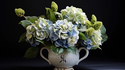 Wall Mural - Elegant and Vibrant Hydrangea Floral Arrangement Displayed in a Decorative Ceramic Pot Creating a Peaceful and Calming Atmosphere for Home Decor