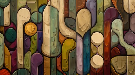 Poster - An arrangement of rounded, vertical shapes in various colors, including shades of brown, beige, green, and purple