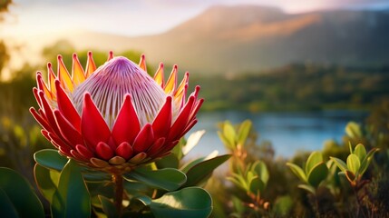 Sticker - Stunning close up view of a vibrant protea flower in full bloom within an exotic natural setting with lush foliage and a serene natural backdrop