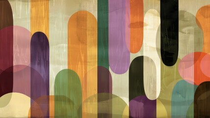 Poster - An arrangement of rounded, vertical shapes in various colors, including shades of brown, beige, green, and purple
