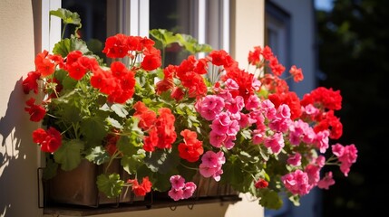 Wall Mural - Vibrant and colorful geraniums in full bloom spilling over the sides of a wooden window box framed by a bright and sunny window