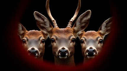 Three Fallow Deer Close Up: A captivating close-up of three fallow deer, their expressive eyes and velvety antlers fill the frame against a dark background.