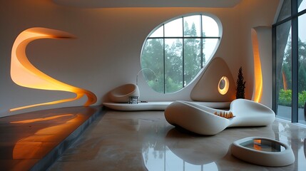Poster - Contemporary living room featuring curved furniture pieces, a circular ottoman, and a unique LED floor lamp with a sculptural design. 