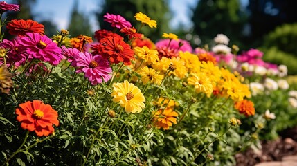 Wall Mural - Vibrant Floral Garden Border with Blooming Zinnias Cosmos and Marigolds in a Lush Colorful Outdoor Display