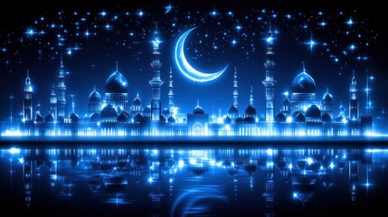 Poster - Glowing cityscape of mosques at night, reflected in water under crescent moon and stars.