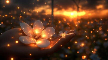 Poster - Glowing flowers in hand at sunset.