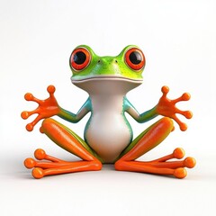 Wall Mural - a photostock of a cartoon frog sitting with its hands on its knees, isolated on a clean white backgr