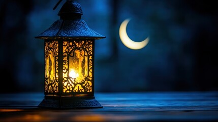 Wall Mural - Glowing lantern on wooden surface with crescent moon in night.