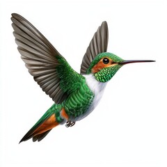 Wall Mural - a photostock of a cartoon hummingbird with shimmering green feathers hovering, isolated on a clean w
