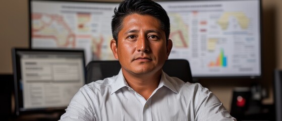 Poster - A professional man sits confidently in front of multiple screens displaying data and charts, suggesting expertise in analysis or research.