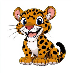 Wall Mural - A photostock of a cartoon jaguar sitting proudly with bold black spots, isolated on a clean white background, sleek and animated, High Quality