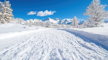 Sticker - Snow-covered path leading to snowy mountains under a blue sky.