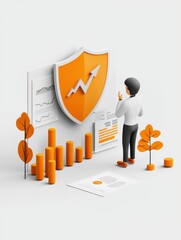 Poster - Investment security concept. A person analyzes growth data represented by graphs and charts, with a shield symbolizing security in a modern, digital environment.