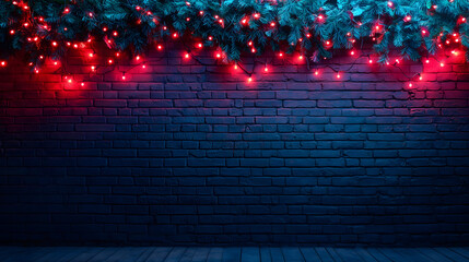 Wall Mural - Dark brick wall with glowing red Christmas lights and pine branches