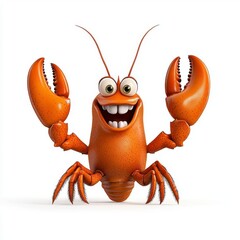 Wall Mural - a photostock of a cartoon lobster waving one claw with a friendly smile, isolated on a clean white b