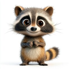 Wall Mural - a photostock of a cartoon raccoon standing with a curious expression, isolated on a clean white back
