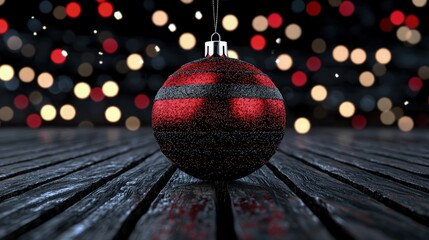 Wall Mural - Red and black Christmas bauble on dark wood.