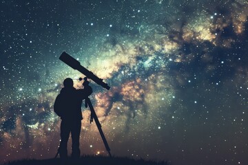 Wall Mural - Telescope Sky. Man Silhouette Watching Star in Milky Way Galaxy with Space Dust