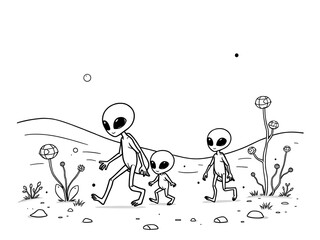 A cartoon drawing of three aliens walking in the desert. AI Generated