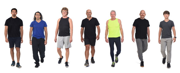 Wall Mural - front view of a group of men dressed in sportswear on white background