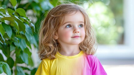 Wall Mural - Cute toddler girl with blonde curly hair looking up outdoors.