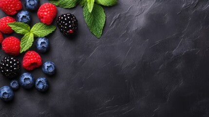 Poster - Fresh raspberries blackberries and blueberries with mint leaves arranged on a dark textured background top view for vibrant food photography
