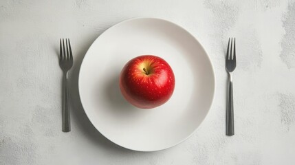 Poster - Red apple on a white plate with forks on either side on a light textured surface symbolizing healthy eating and simplicity