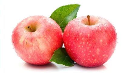 Poster - Juicy red apples with green leaves on a white background showcasing freshness and natural beauty of healthy fruits