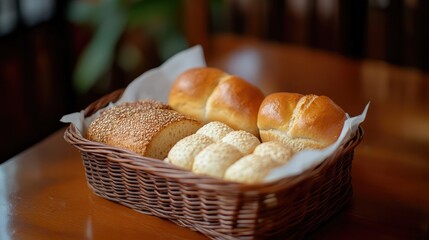 Fototapete - Assorted freshly baked bread rolls in a wicker basket displayed on a wooden table setting