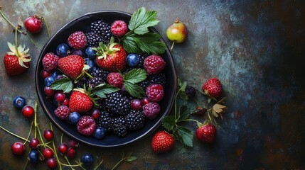 Poster - Assorted fresh berries including strawberries raspberries blueberries and blackberries arranged in a dark bowl on a textured background.