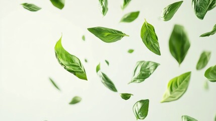 Poster - Falling basil leaves creating a dynamic fresh atmosphere against a light background for culinary and wellness concepts
