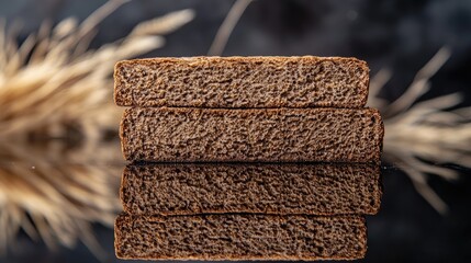 Poster - Rye bread slices stacked on reflective surface with blurred wheat background showcasing texture and rustic appeal