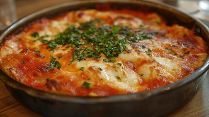 Poster - Deliciously baked pasta dish topped with fresh herbs and rich tomato sauce served in a rustic dish