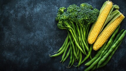 Poster - Fresh broccolini baby corn and green beans arranged on a dark textured background showcasing vibrant natural colors and healthy produce.