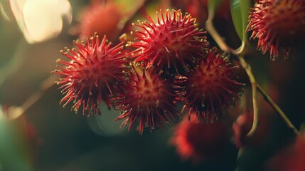 Poster - Ripe rambutans showcasing vibrant colors and unique textures on lush green foliage in a natural setting.