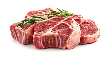 Poster - Raw organic meat cuts garnished with fresh rosemary showcasing quality and flavor for healthy cooking and meal preparation