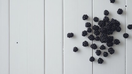 Aufkleber - Freshly harvested blackberries scattered on a rustic white wooden table background showcasing their rich color and natural texture.