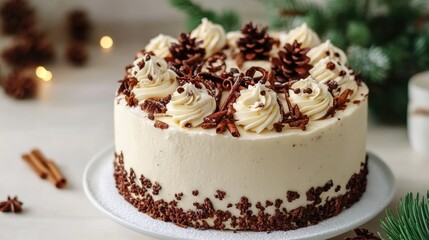 Aufkleber - Homemade winter spice cake decorated with festive elements and spruce branches for a warm holiday celebration