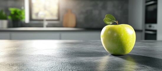 Aufkleber - Green apple on textured grey table in bright kitchen setting perfect for food and nutrition themed designs.