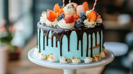Aufkleber - Elegant layered cake adorned with fresh fruits and icing highlights in a contemporary cafe setting