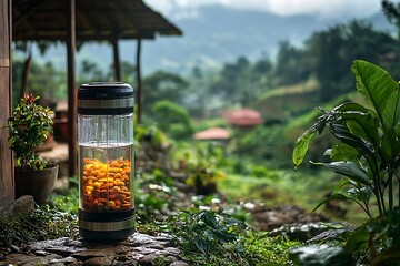 Poster - Solar Powered Water Purifier in Lush Rural Setting Innovative Sustainable Solution for Clean Water Access
