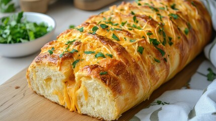 Aufkleber - Baked cheddar cheese loaf garnished with herbs on a wooden board in a bright kitchen setting