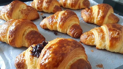 Poster - Golden brown croissants arranged on baking paper highlighting their flaky texture and delicious appearance. Perfect for a bakery theme.