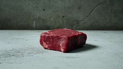 Poster - Raw beef steak on a textured concrete surface showcasing its rich color and natural marbling ideal for culinary presentations