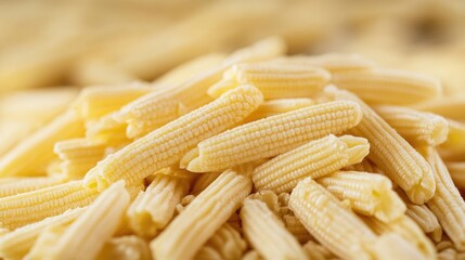 Poster - Heap of fresh baby corn kernels with a blurred background showcasing their sweet and tender texture for culinary uses