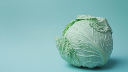 Poster - Fresh green cabbage head on a soft blue background showcasing its texture and vibrant color for culinary or organic food imagery.