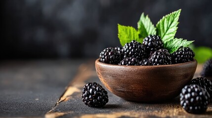 Aufkleber - Blackberries in a rustic clay bowl with green leaves on a dark wooden table showcasing fresh fruit and space for text or design