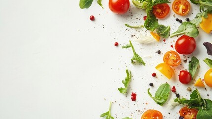 Poster - Vibrant salad with fresh vegetables and herbs arranged artistically on a clean white background showcasing healthy eating options.