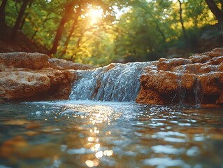 Poster - Pristine Natural Waterfall Cascading Over Rocks in Lush Forest Landscape with Sunlight Filtering Through Trees