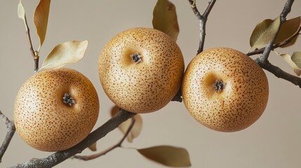 Poster - Ripened asian pear fruit hanging on tree branch surrounded by autumn leaves in warm natural light